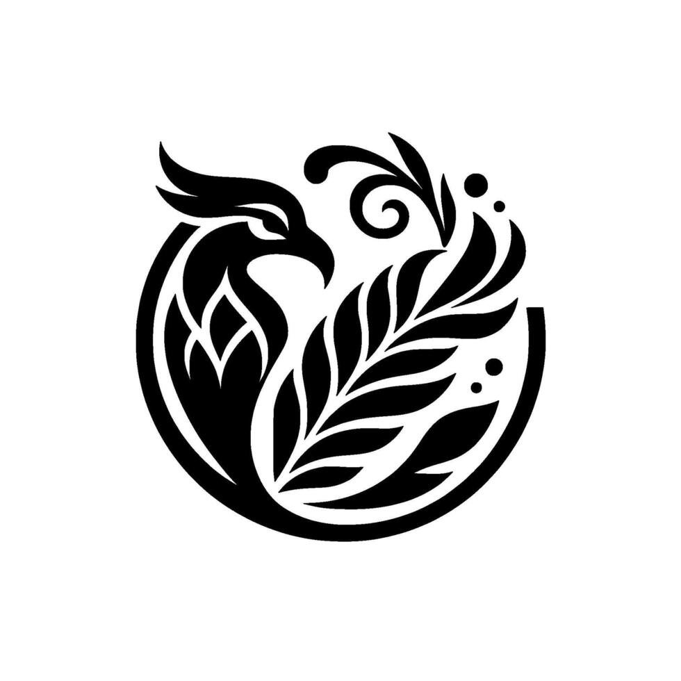 Abstract Black and White Phoenix Emblem A stylized bird within a circular frame, intertwined with decorative foliage and dots. vector