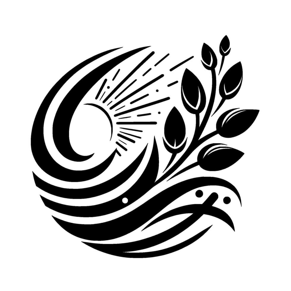 A stylized black and white emblem featuring a sun, swirling shapes, and a sprig of leaves, conveying harmony. vector