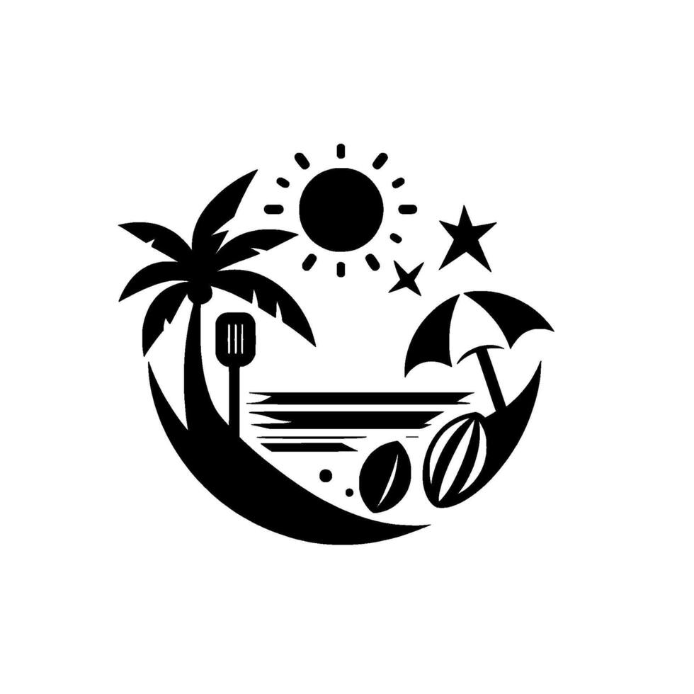 Tropical vacation featuring a palm tree, beach, sun, stars, umbrella, coffee beans, and spatula, all in a circular black and white composition. vector
