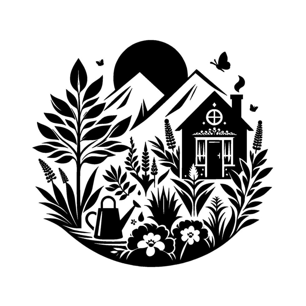 Black and White Circular Illustration of a Cozy Cottage in a Lush Garden Surrounded by Butterflies, Sun and Mountains vector