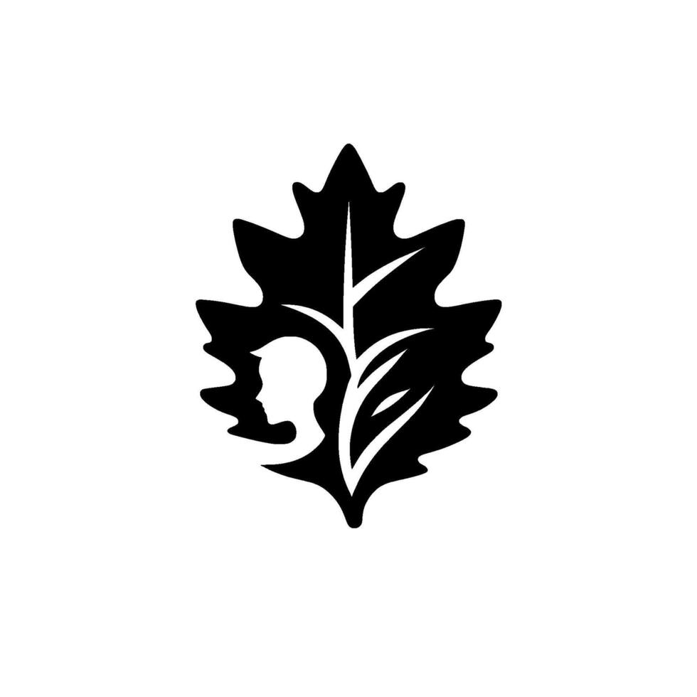 Silhouette of a Childs Profile Intertwined with Foliage Within a Bold Black Leaf Against White. vector