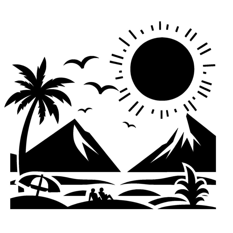 Silhouette depiction of a sunny beach scene with palm trees, mountains, birds, and two figures relaxing under the sun, invoking a vacation and leisure ambiance. vector