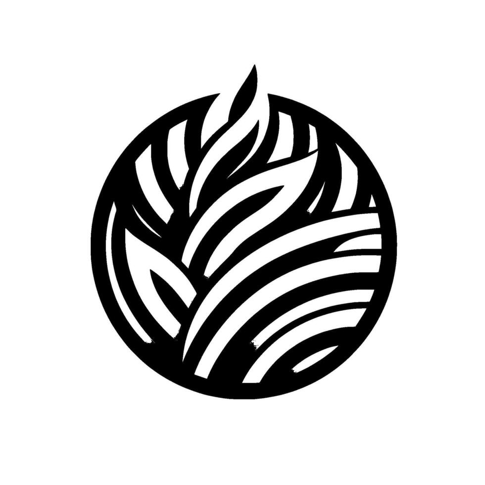 A stylized black and white featuring a plantlike , composed of curving striped elements enclosed within a circular frame, evoking growth. vector