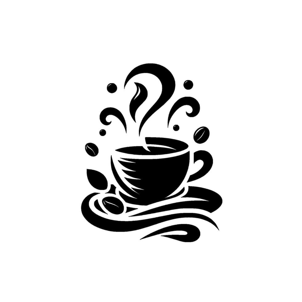 Artistic monochrome illustration depicting a steaming coffee cup, surrounded by beans, leaves, and stylized steam, radiating warmth and inviting aroma on a minimalist white background. vector