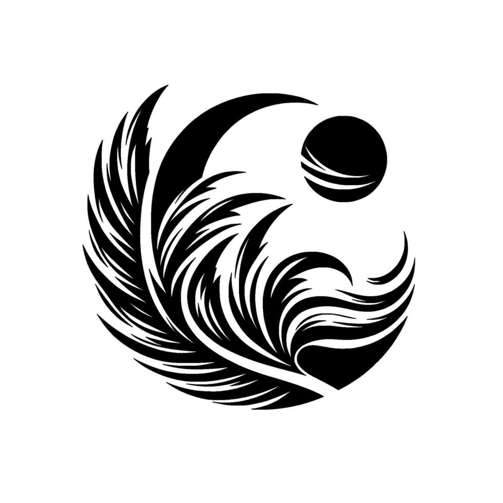 Abstract YinYang A stylized black and white composition featuring a featherlike form, a crescent, and a sunlike orb, creating a balanced and harmonious visual. vector