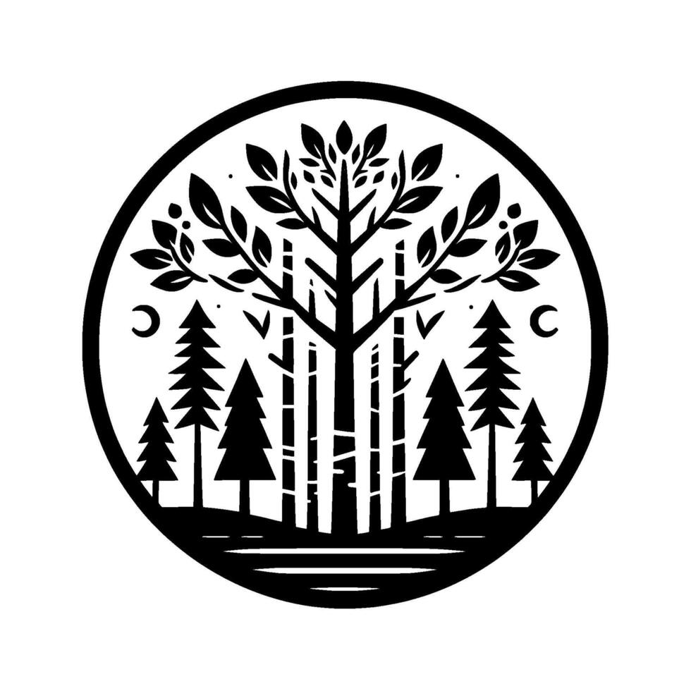 A Minimalist Black and White Circle Emblem Featuring a Majestic Central Tree, Encircled by Lush Foliage and Forest Elements, Evoking a Sense of Nature and Serenity. vector