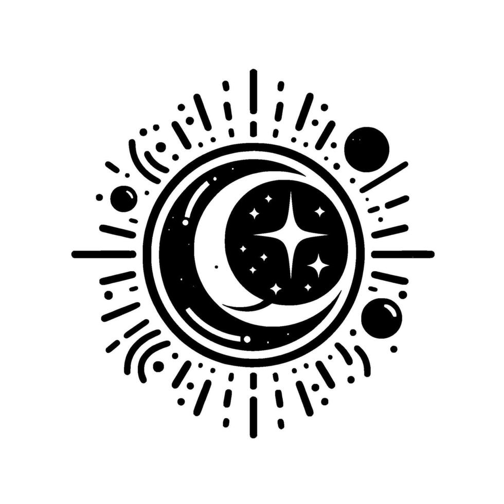 A minimalist celestial illustration of a crescent moon and stars enclosed within a circular pattern, adorned with radiating lines and dots. vector