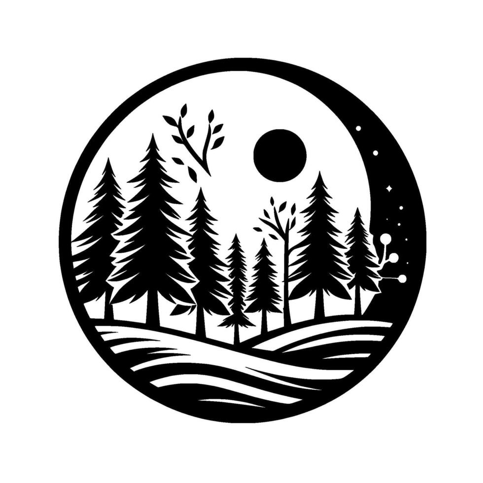 A Yin and Yanginspired circular illustration depicts a serene forest landscape with evergreen trees, a full moon, and a starry night sky in a minimalist black and white . vector