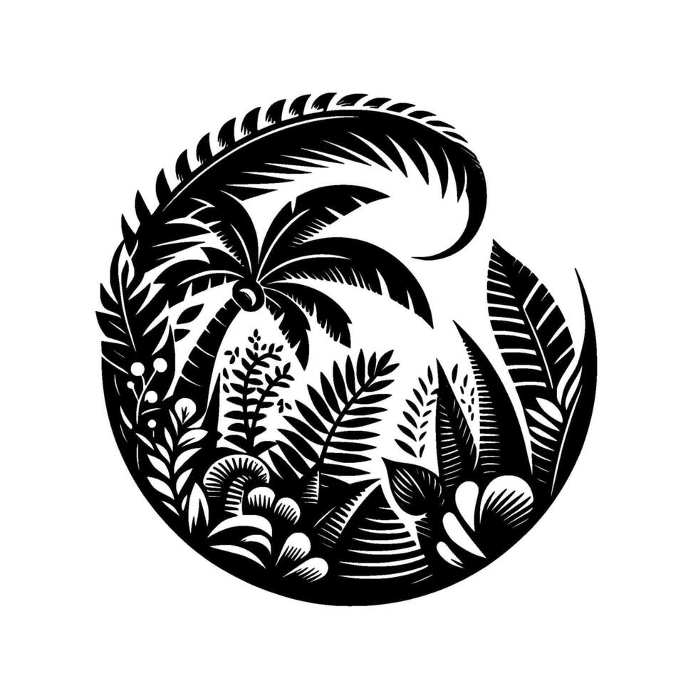 Intricate Black and White Illustration A Detailed Circular Composition of Tropical Palm Tree and Foliage Silhouettes, Evoking a Serene and Artistic Island Vibe. vector