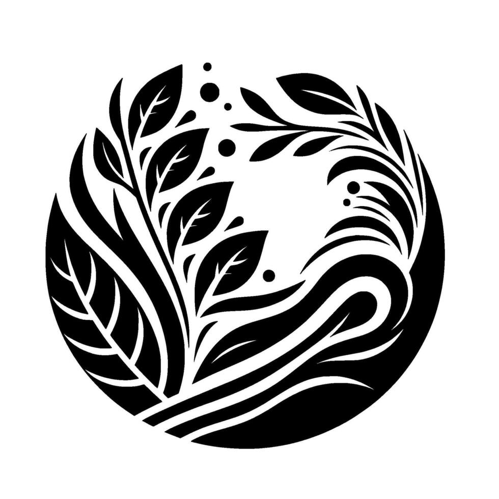 Black and white botanical illustration of leaves and organic flowing shapes, arranged in a circular , with minimalist style. vector
