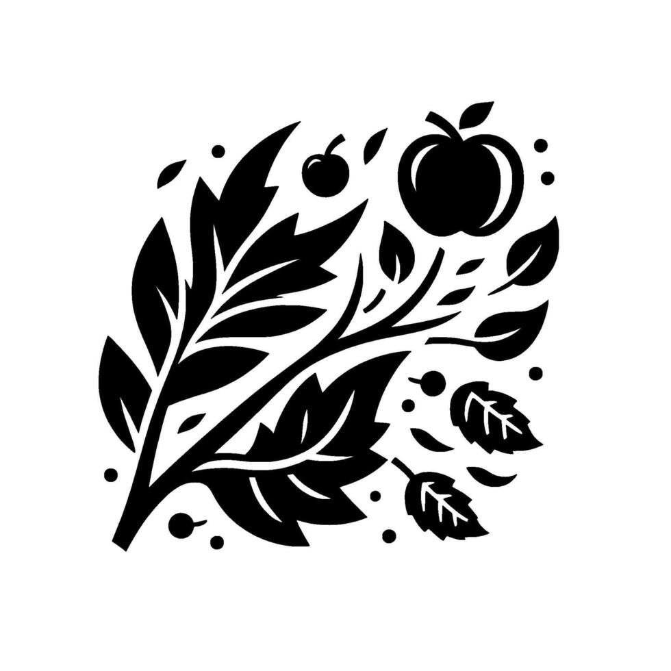 Stylized Monochrome Illustration of Apple Branch with Fruits, Leaves, and Berry Accents on a White Background. vector