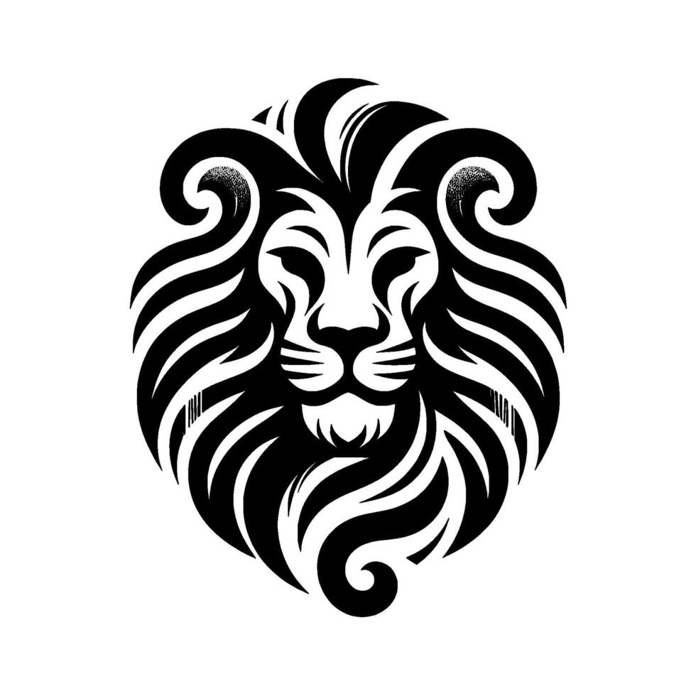 A striking, minimalist black and white showcasing a majestic lions head with intricate, flowing mane, symbolizing power and nobility. vector