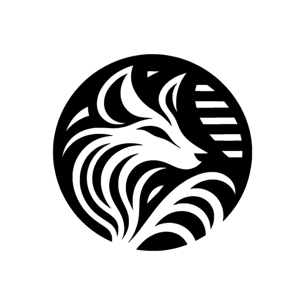 A stylized black and white illustration of a foxs profile within a circular frame, featuring elegant lines and a minimalist aesthetic. vector