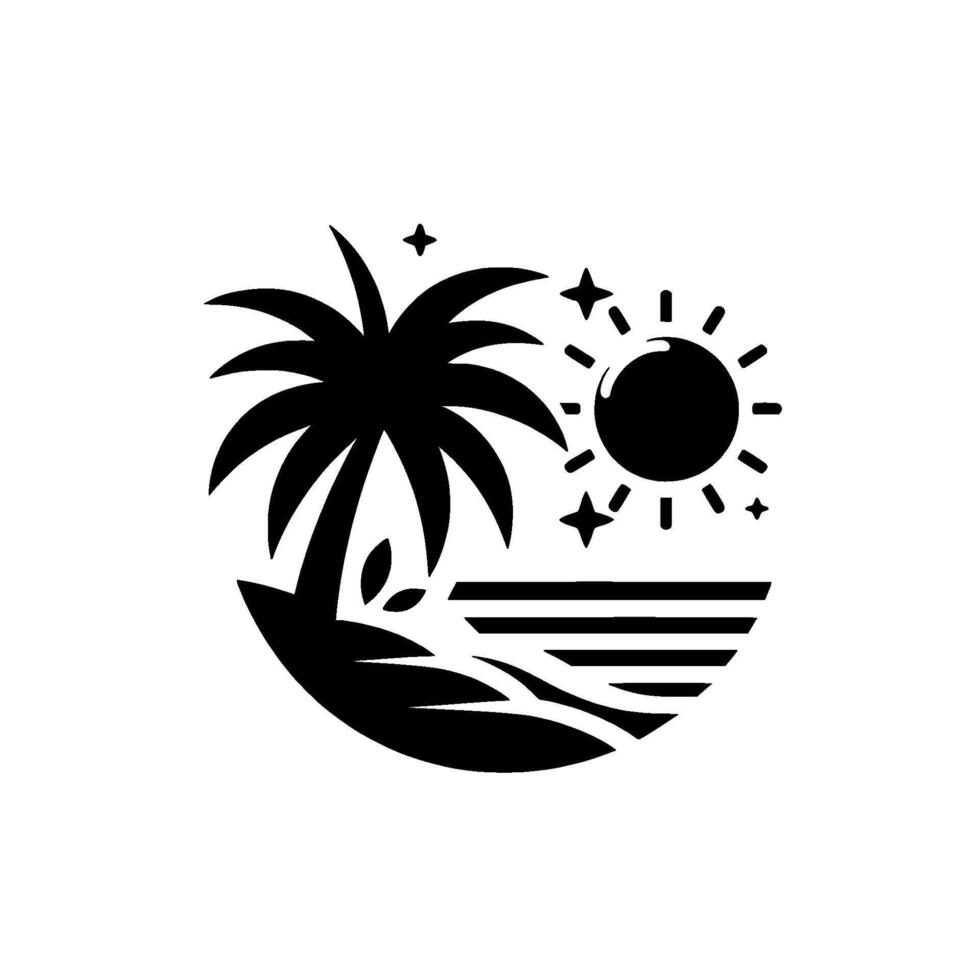 Stylized black and white illustration of a tropical scene. Palm tree, sun, sea, and stars within a circular , representing summer and vacations. vector
