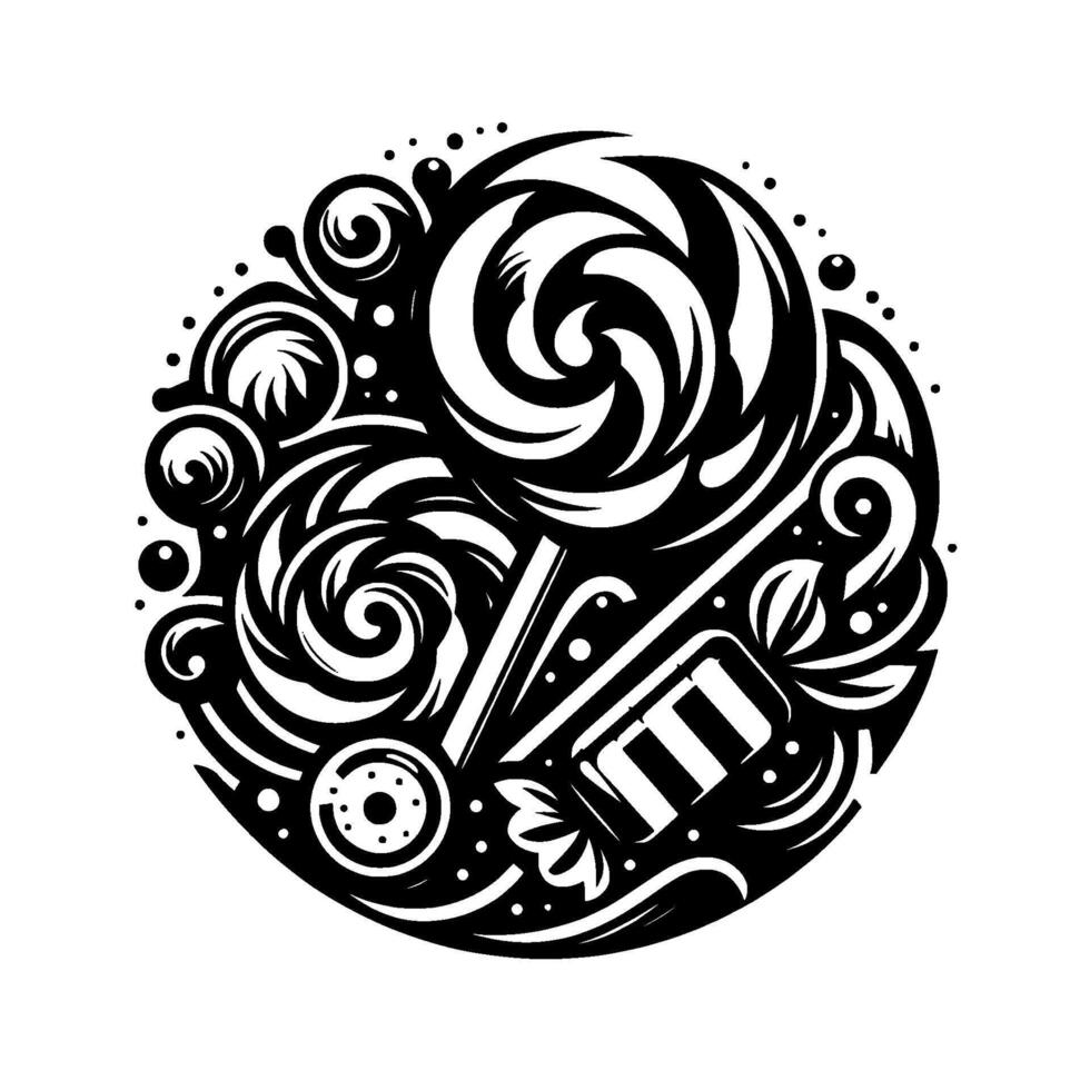 Monochromatic Swirl A stylized circular composition featuring candy elements lollipop, hard candy and swirls, forming a playful black and white , isolated on white. vector