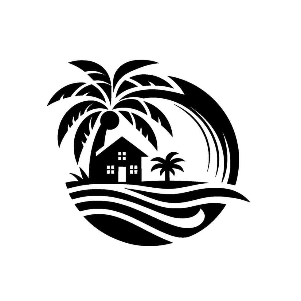 Minimalist Beachfront Silhouette of a House, Palm Trees, and Waves Encircled by a Wavelike , Black and White Composition. vector