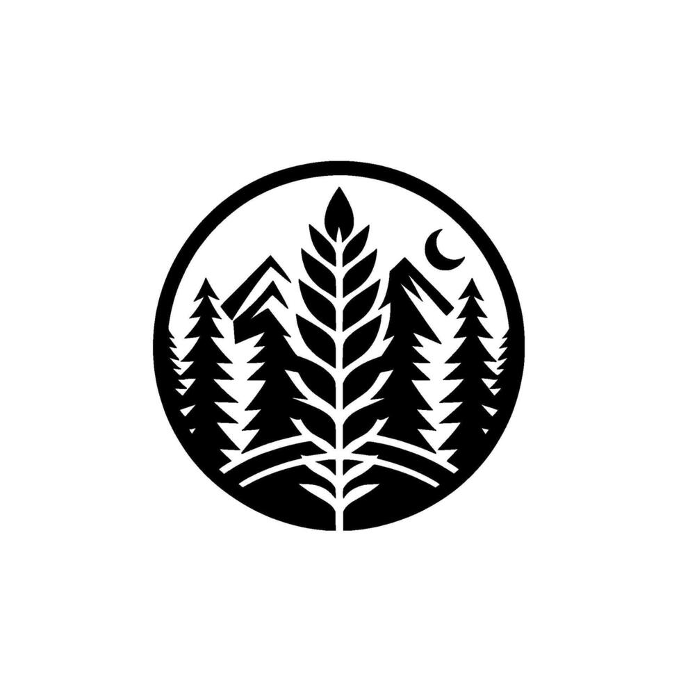A minimalist forest scene enclosed in a circle. It depicts trees, mountains, and a crescent moon. vector