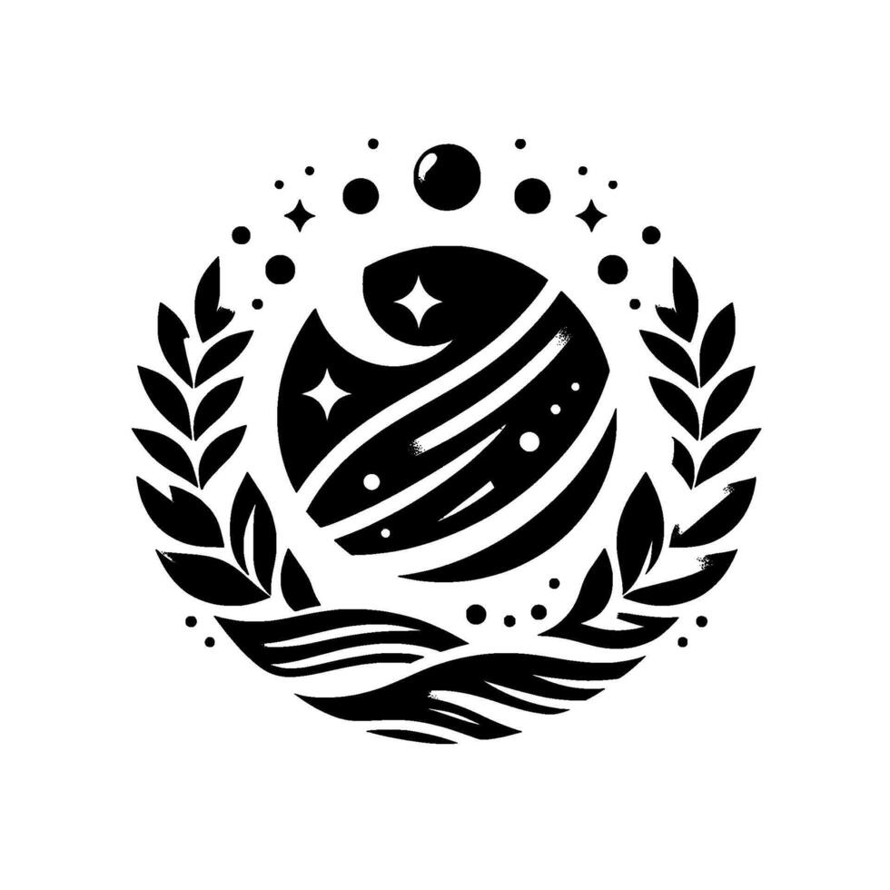 An elegant, minimalist emblem depicts a celestial sphere with stars and stripes, encircled by laurel leaves and waterlike waves. vector