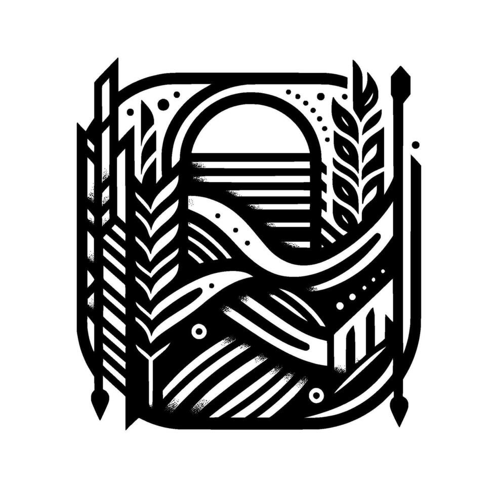 Abstract Geometric Composition Monochromatic Illustration of Wheat, Birds, and Architectural Elements within a Rectangular Frame. vector