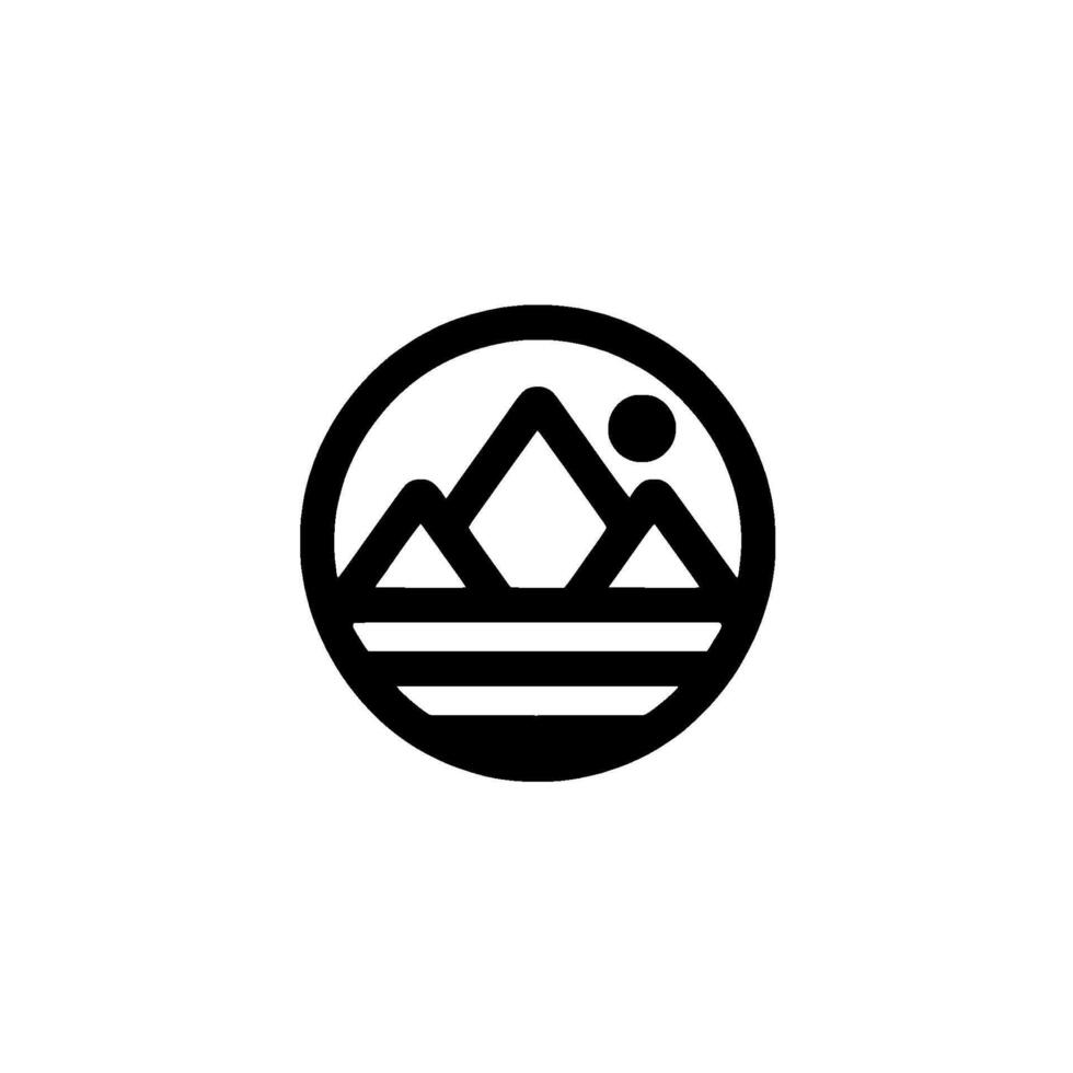 Minimalist Geometric Black and White Circular Composition Featuring Mountains, Sun, and Water vector