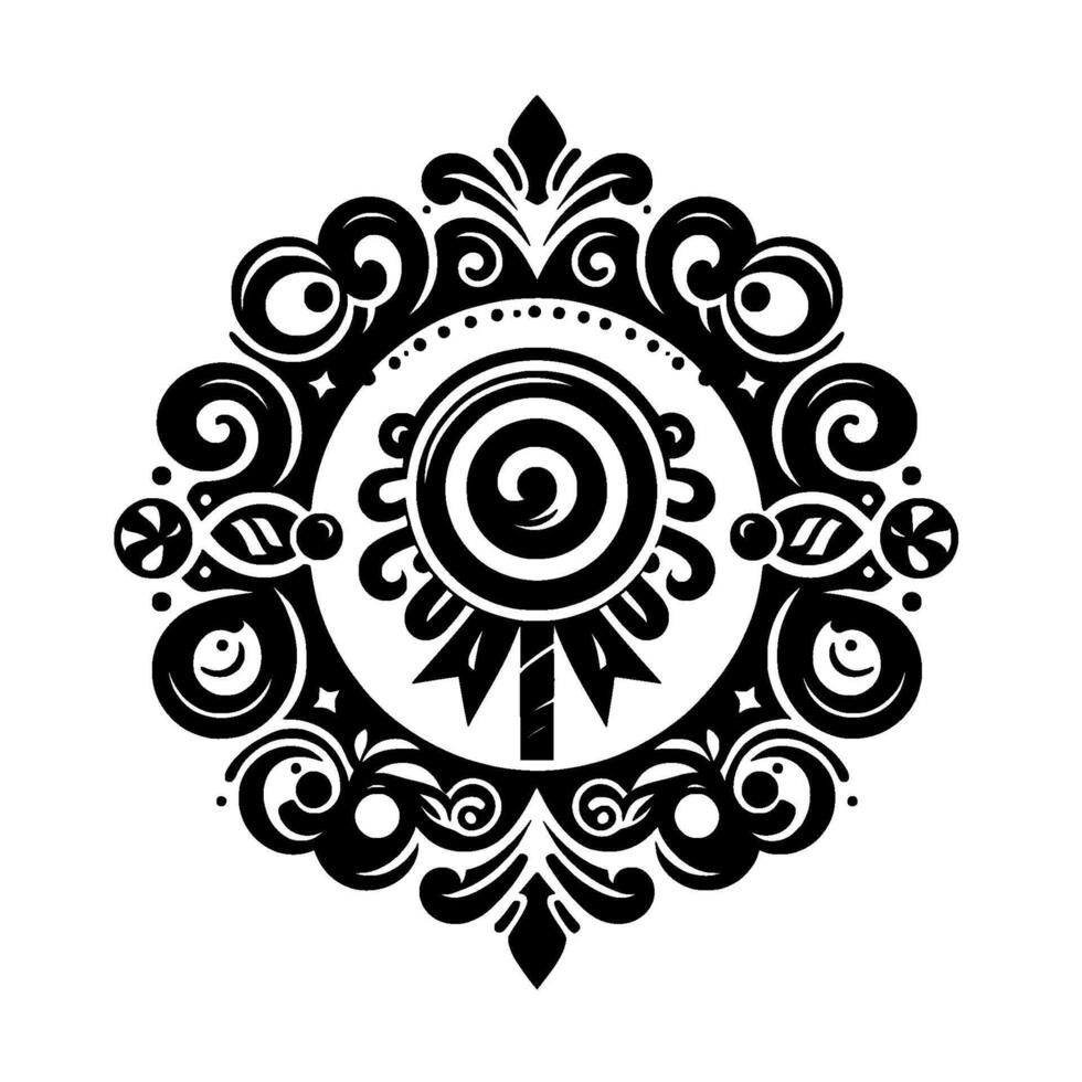 Intricate symmetrical black and white artwork of a stylized lollipop at the center, encircled by ornate, swirling floral and geometric elements, creating an elegant, decorative . vector