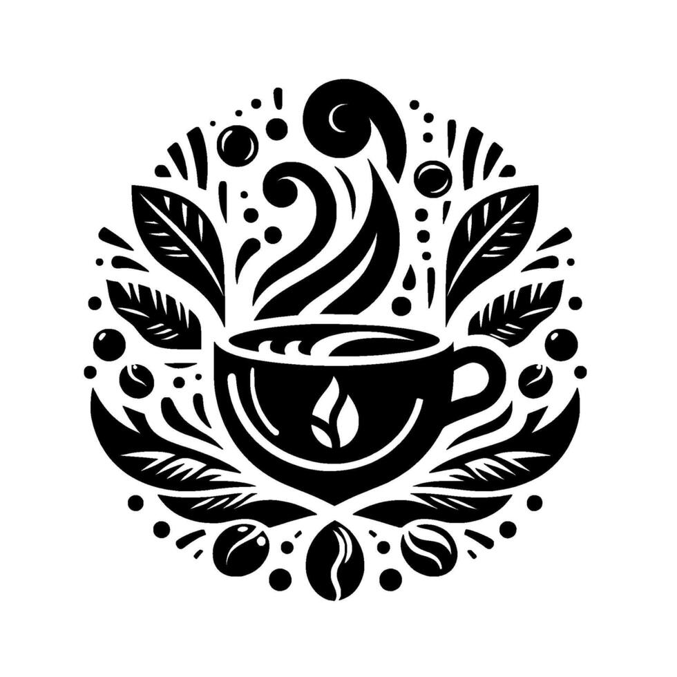 Intricate Black and White Coffee Cup Illustration with Floral Accents, Steam, and Coffee Bean Elements in a Symmetrical Composition vector