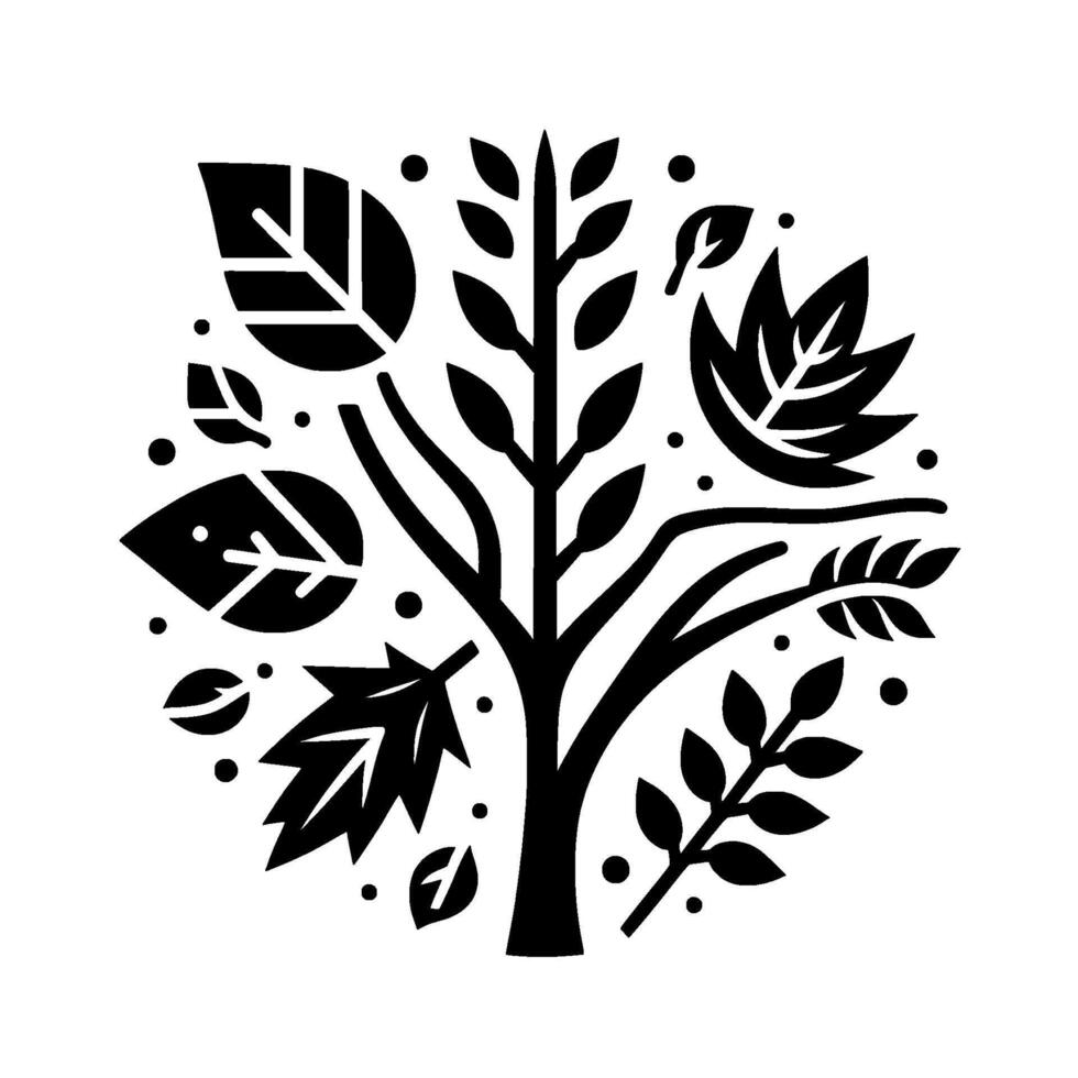 Intricate Black and White Tree Illustration A Stylized, Circular Composition with Detailed Leaves, Branches, and Dots, Representing Natures Beauty. vector
