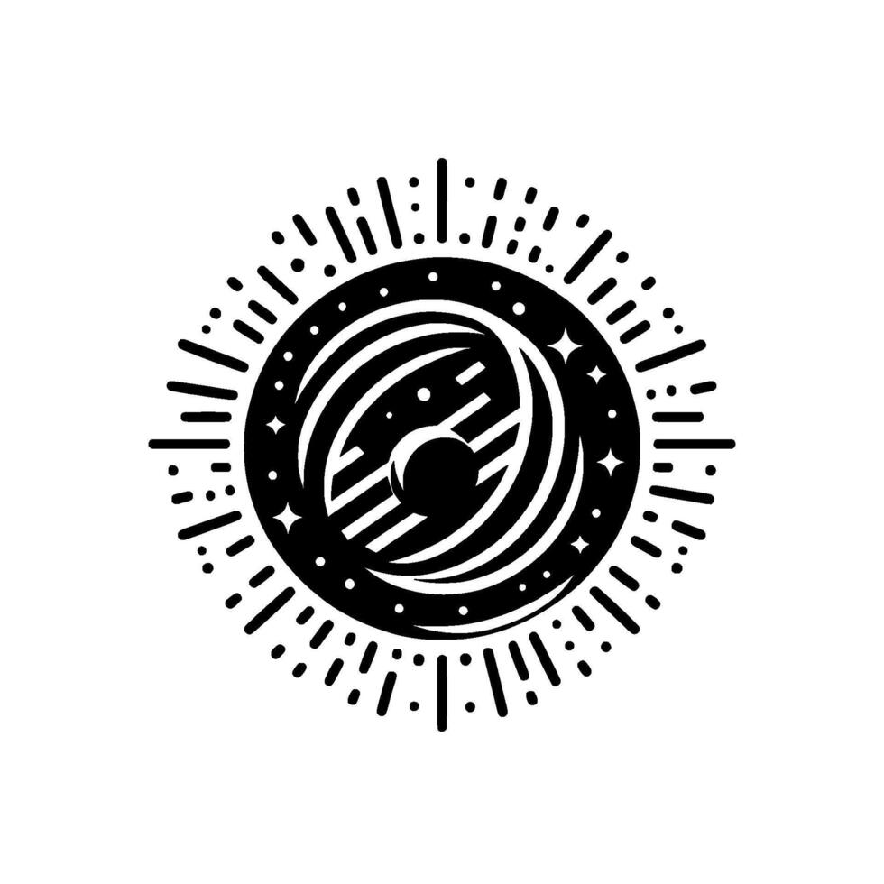 Stylized Black and White Celestial swirling orbital bands within a radiant sunburst, dotted with stars, and centered on a crescent. vector