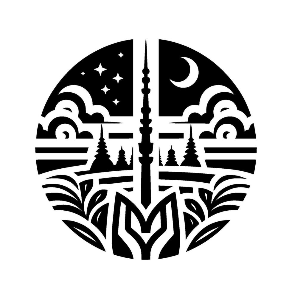 Black White Circular Emblem Tower, Starry Night, Crescent Moon, Foliage Architectural Landscape. vector