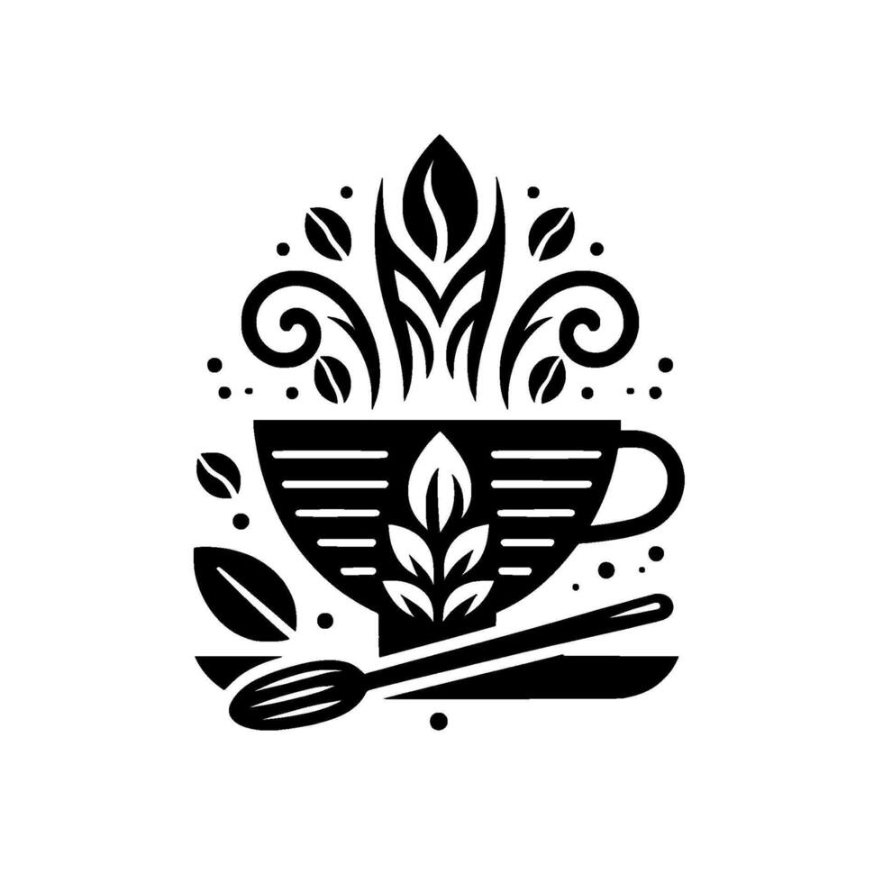 Elegant Black and White Illustration of a Teacup with Leafy Steam, Spoon, and Coffee Beans, Evoking Calm and Natural Essence. vector