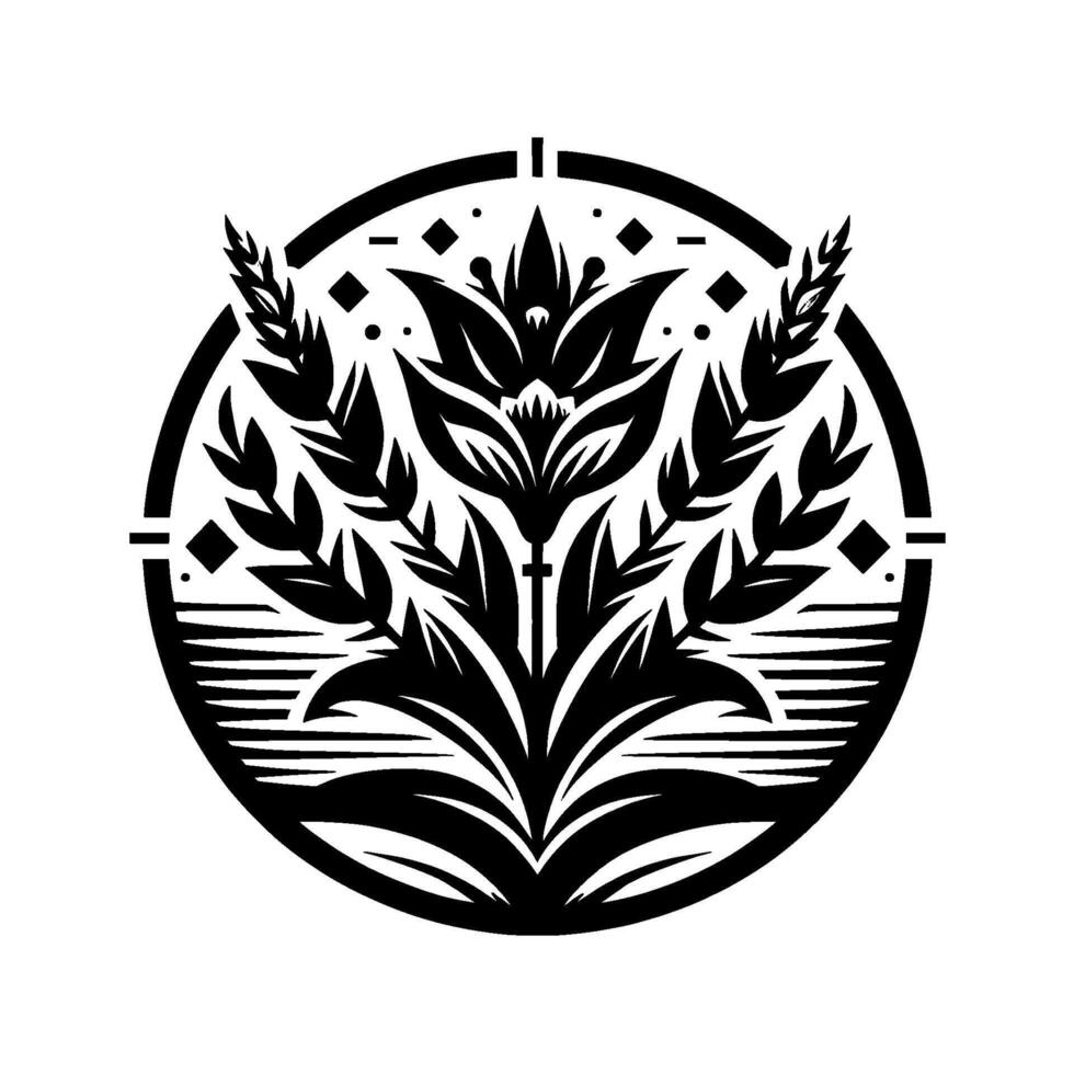 A symmetrical, black and white floral encircled, featuring stylized leaves, blossoms, and geometric details, evoking a sense of balance and elegance. vector