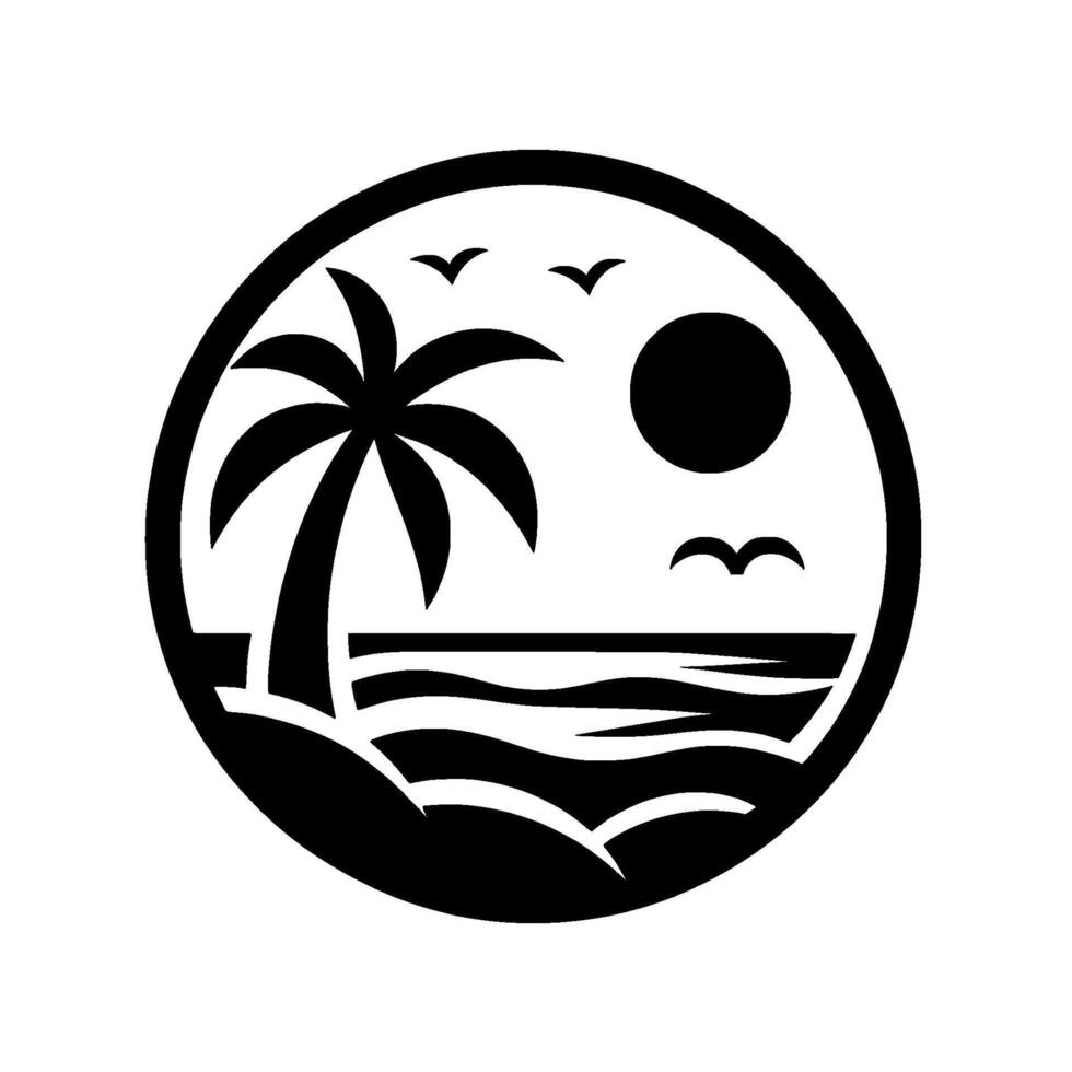 A stylized, black and white circular depicting a tropical beach scene, featuring a palm tree, sun, sea, and birds in silhouette. vector