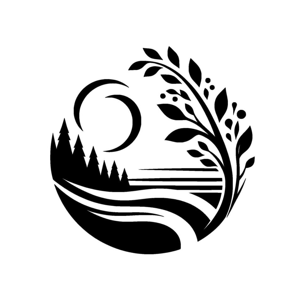 Black White Circle Illustration Forest silhouettes, moon, landscape lines, tree branch, evoking peace and natures simplicity. vector