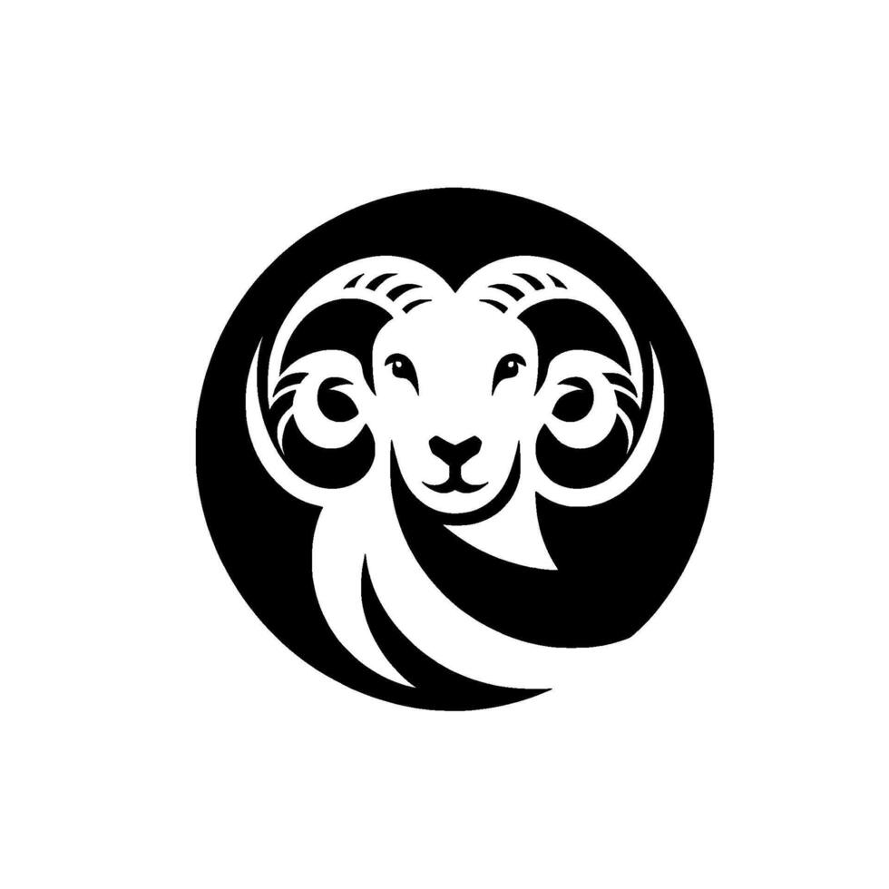 A symmetrical, stylized rams head , rendered in a striking black and white circular , evoking strength and elegance. vector