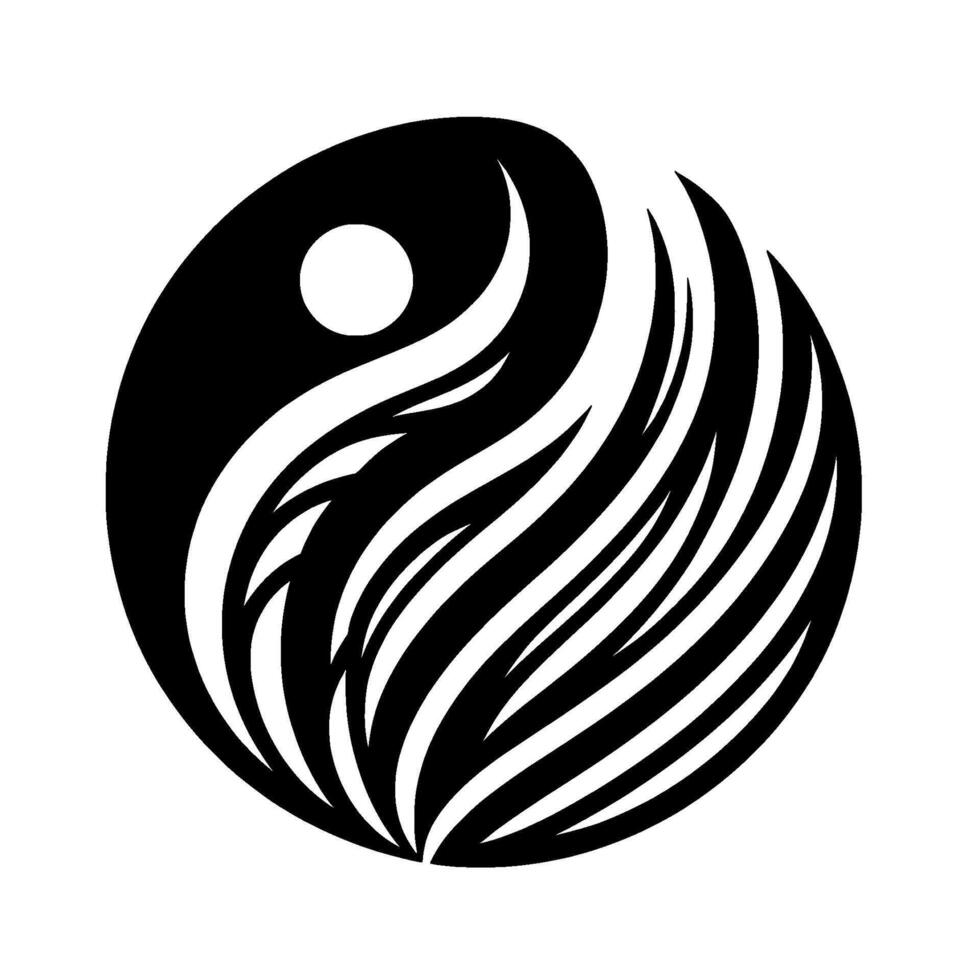 A stylized YinYang symbol, with flowing, featherlike elements in black and white, embodying balance and harmony within a circular composition. vector