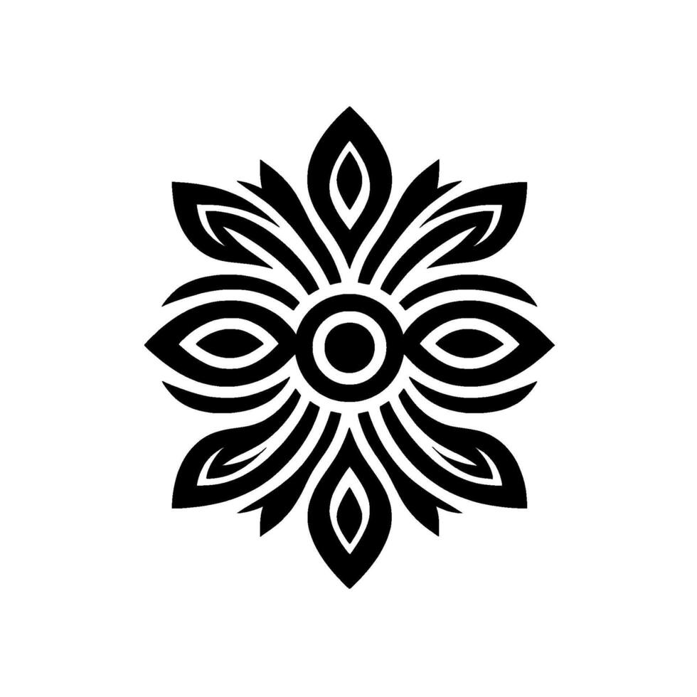 Symmetrical Black Floral Pattern with LeafLike Petals and Concentric Circular Center on a White Background vector