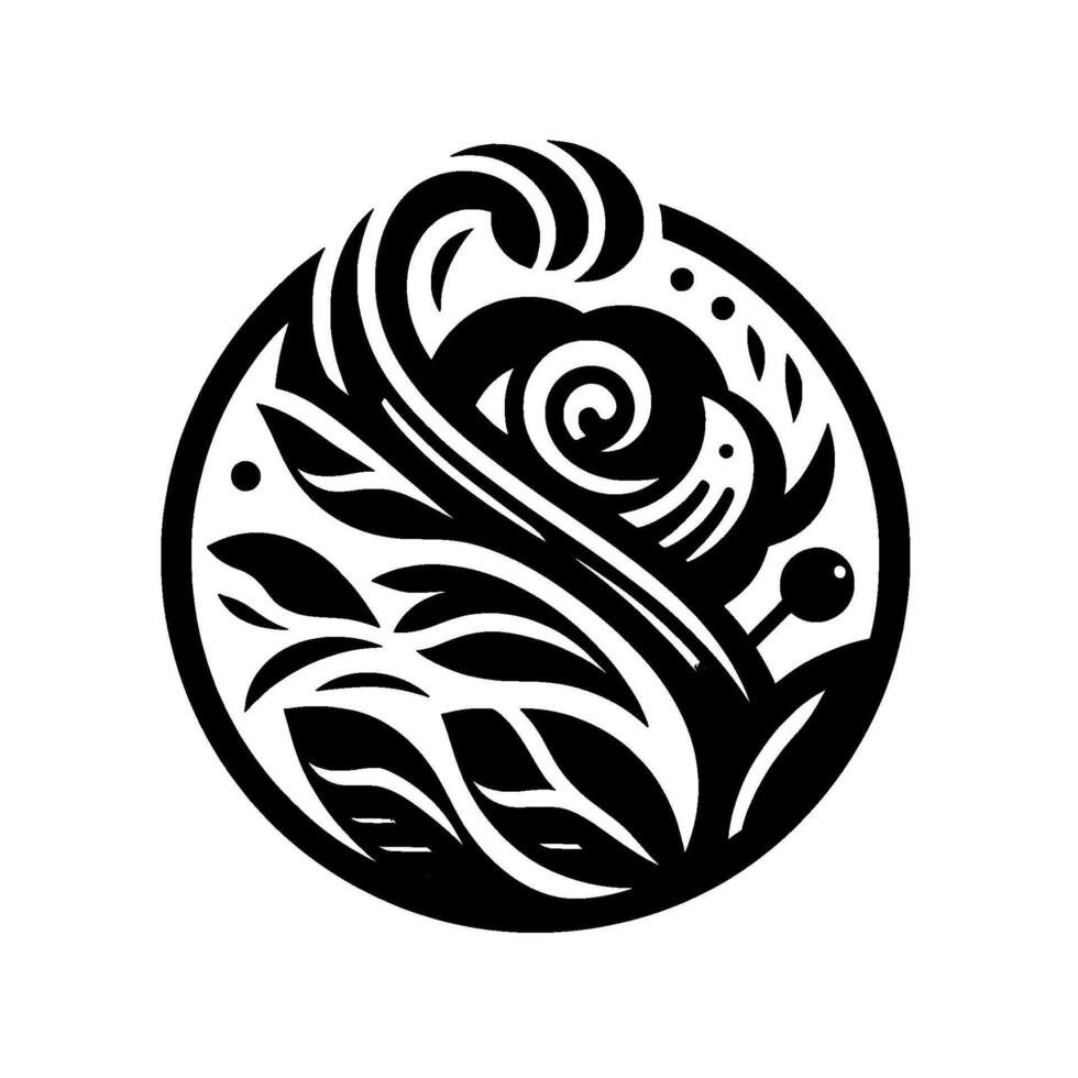 An artistic depiction of stylized natural elements enclosed within a circular frame, featuring a swirling floral center, organic leaves, and geometric wavelike accents in a striking monochrome compos vector