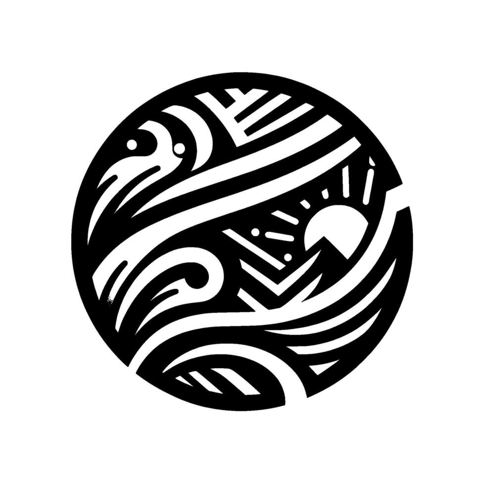 A stylized, circular tribal featuring the sun and waves in bold black and white, symbolizing natures balance and harmony. vector