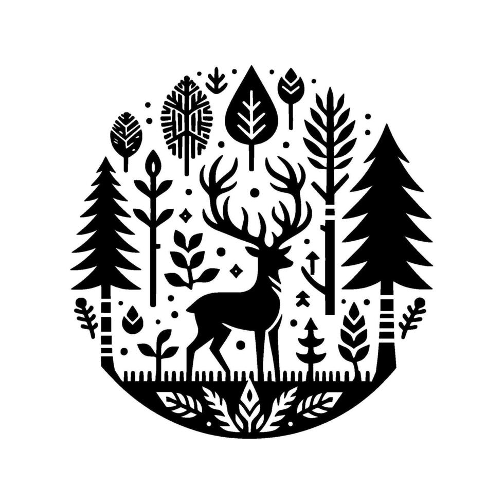 A stylized, black and white woodland scene, featuring a majestic stag within an oval frame of trees and foliage, evoking a sense of serene nature. vector