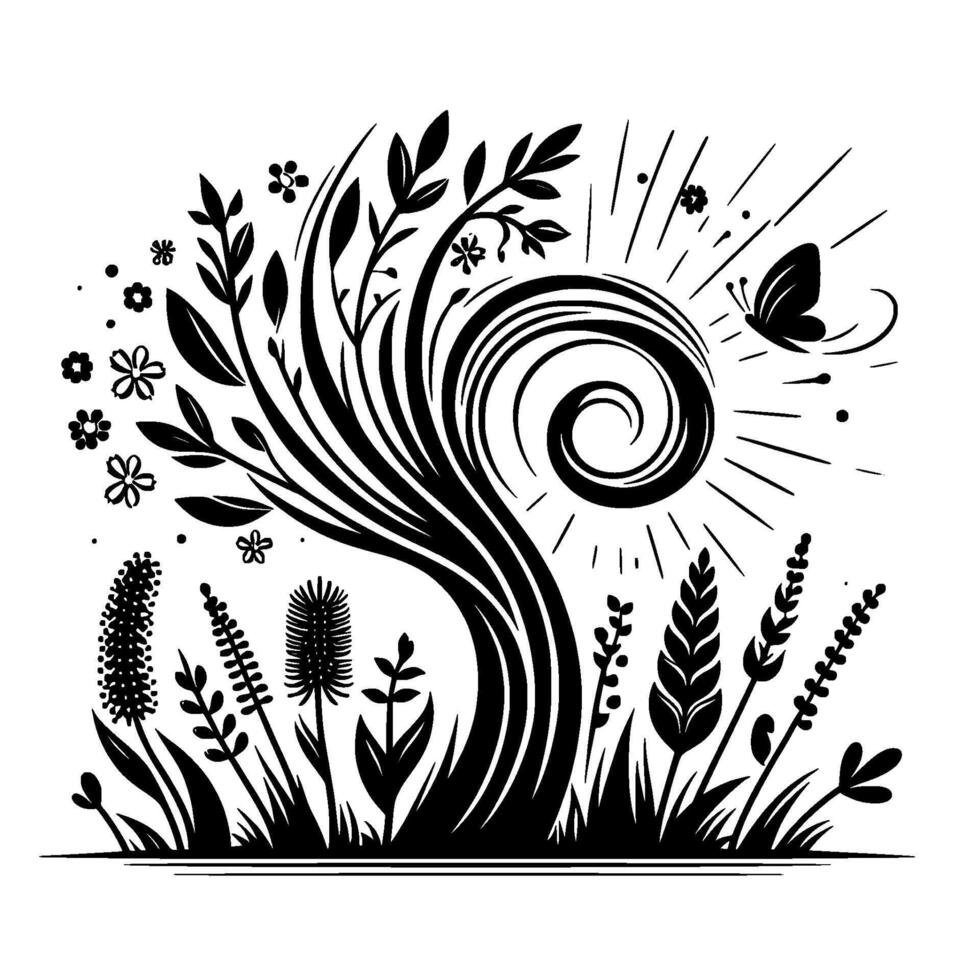 A stylized black and white illustration featuring a treelike emerging from a field of flora, a sunlike spiral, and a flying butterfly. vector