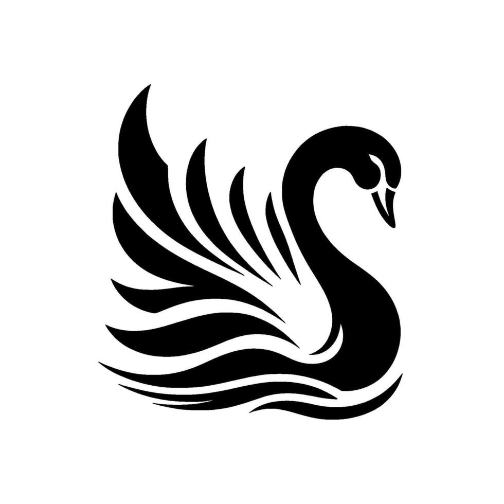 Elegant Black Swan Silhouette, a minimalist illustration against a stark white background, showcasing a graceful posture and stylized wing detail. vector