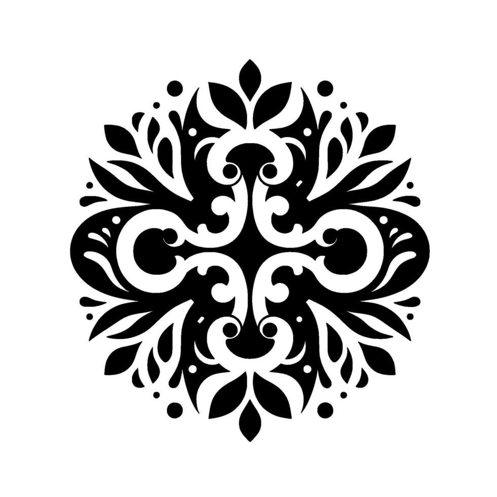Ornate Symmetric Black and White Floral Mandala with Decorative Swirls and Dots on a Clean Background. vector