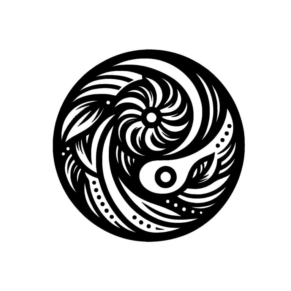 Yin Yang Mandala in Black and White A detailed, decorative circular with spiral patterns, leaves, and dots, representing harmony and balance. vector