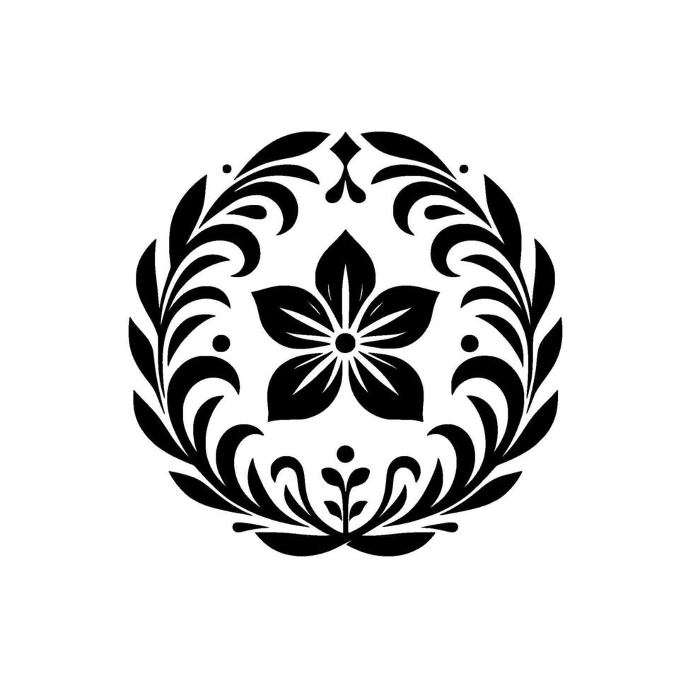 Symmetrical Floral Crest A striking black and white featuring a stylized fivepetal flower encircled by ornate leaf patterns and delicate embellishments against a clean white backdrop. vector