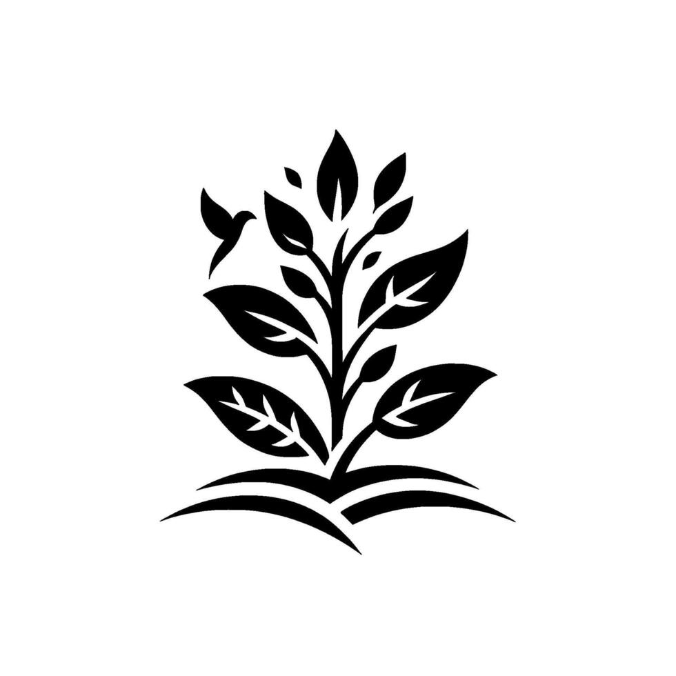Minimalist Black Plant and Bird A stylized illustration of a lush plant with a soaring bird, symbolizing growth. vector