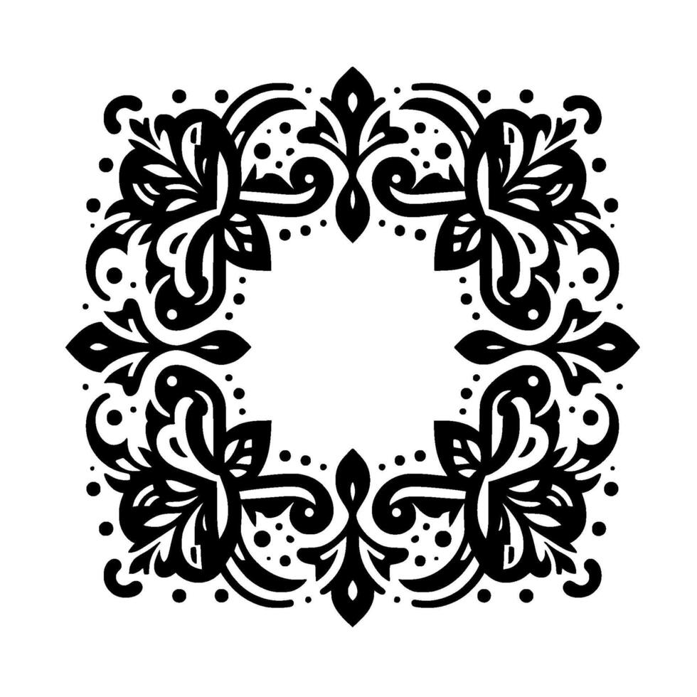 A symmetrical, black and white ornamental floral , featuring a square border composed of stylized leaves, curls, dots, and geometric shapes, with an open center. vector