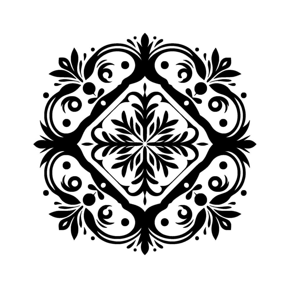 Intricate symmetrical black floral with a central diamond shape, detailed leaves and swirling accents on a white background, evoking a sense of classical elegance. vector