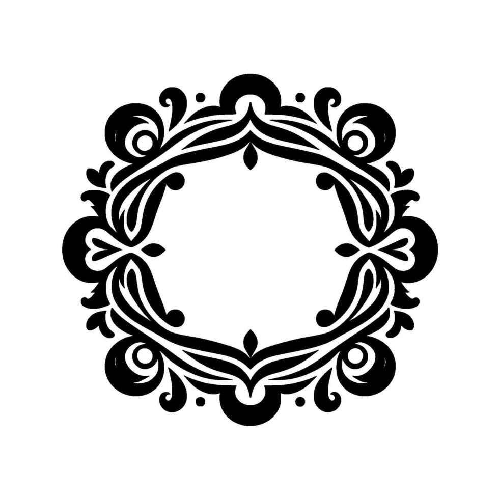 Ornate Black and White Floral Frame A symmetrical, elegant featuring swirling leaves and delicate embellishments, enclosed in a geometric shape. vector