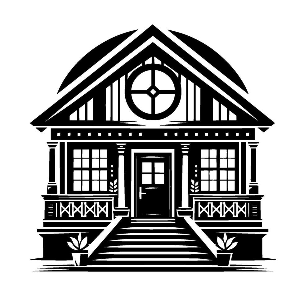 Black and white geometric illustration of a charming house with decorative details, including a circular window, columns, and plant accents, radiating a welcoming ambiance. vector