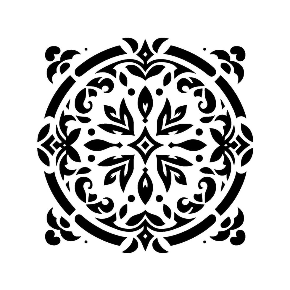 Symmetrical Black and White Floral Pattern Centered Within Circular Border, Decorative , Isolated on White Background. vector